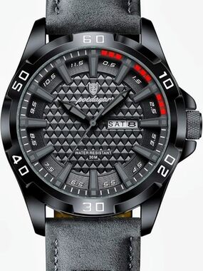 Men's Black Grey Textured Dial Leather Strap Watch - Black/Grey